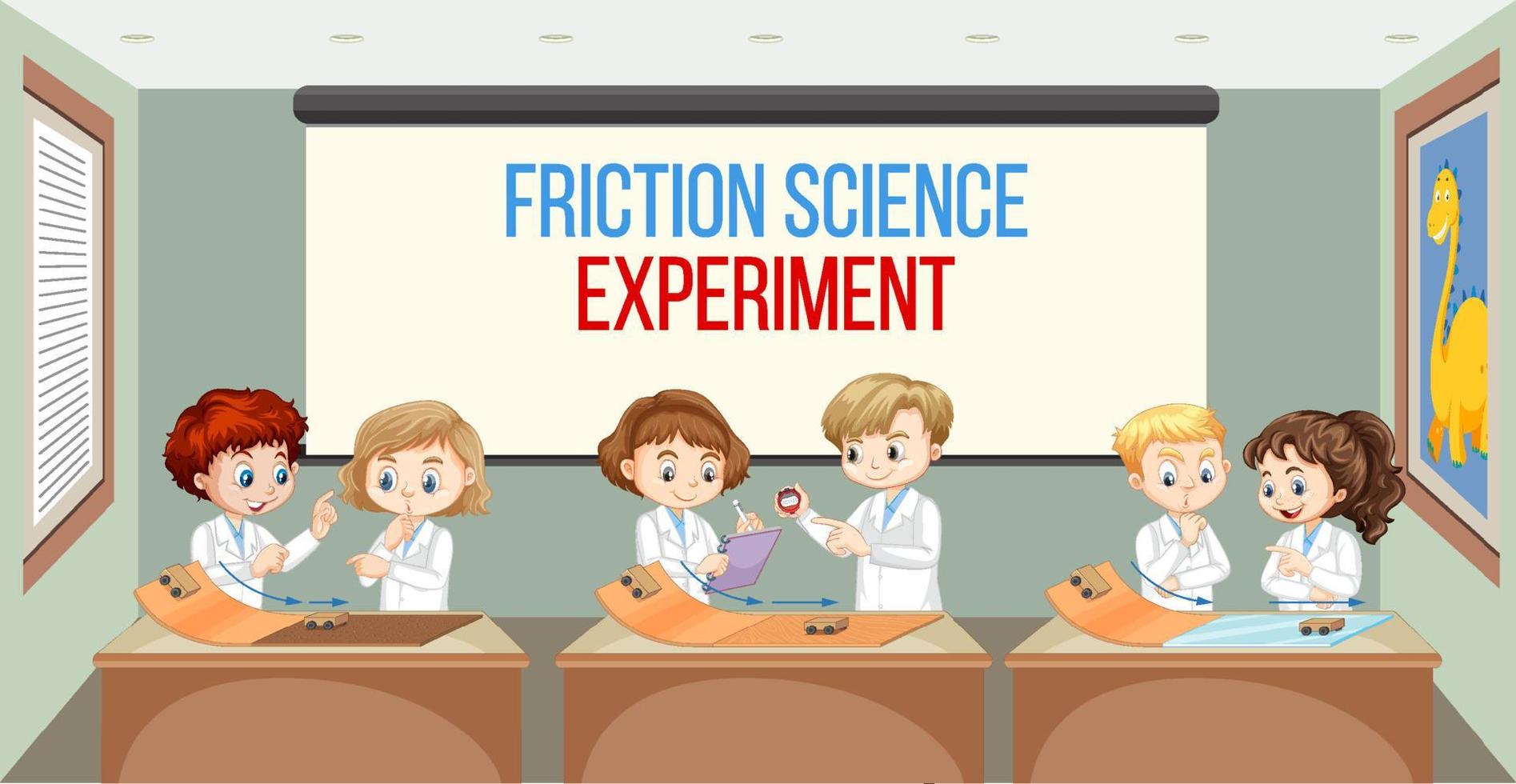 Scientist kids doing friction experiment vector