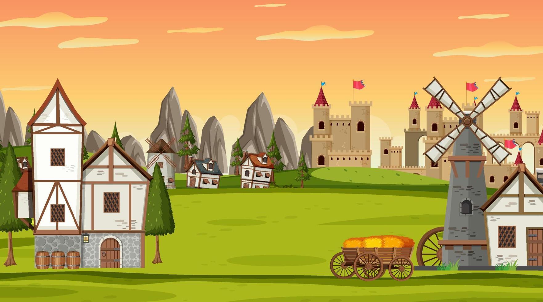 escena de la ciudad medieval en estilo de dibujos animados vector