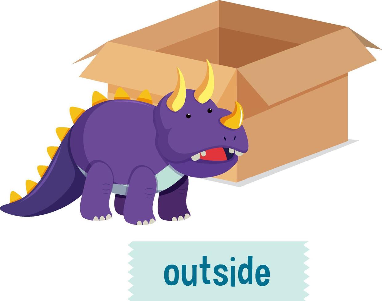 preposición de lugar con dinosaurio de dibujos animados y una caja vector