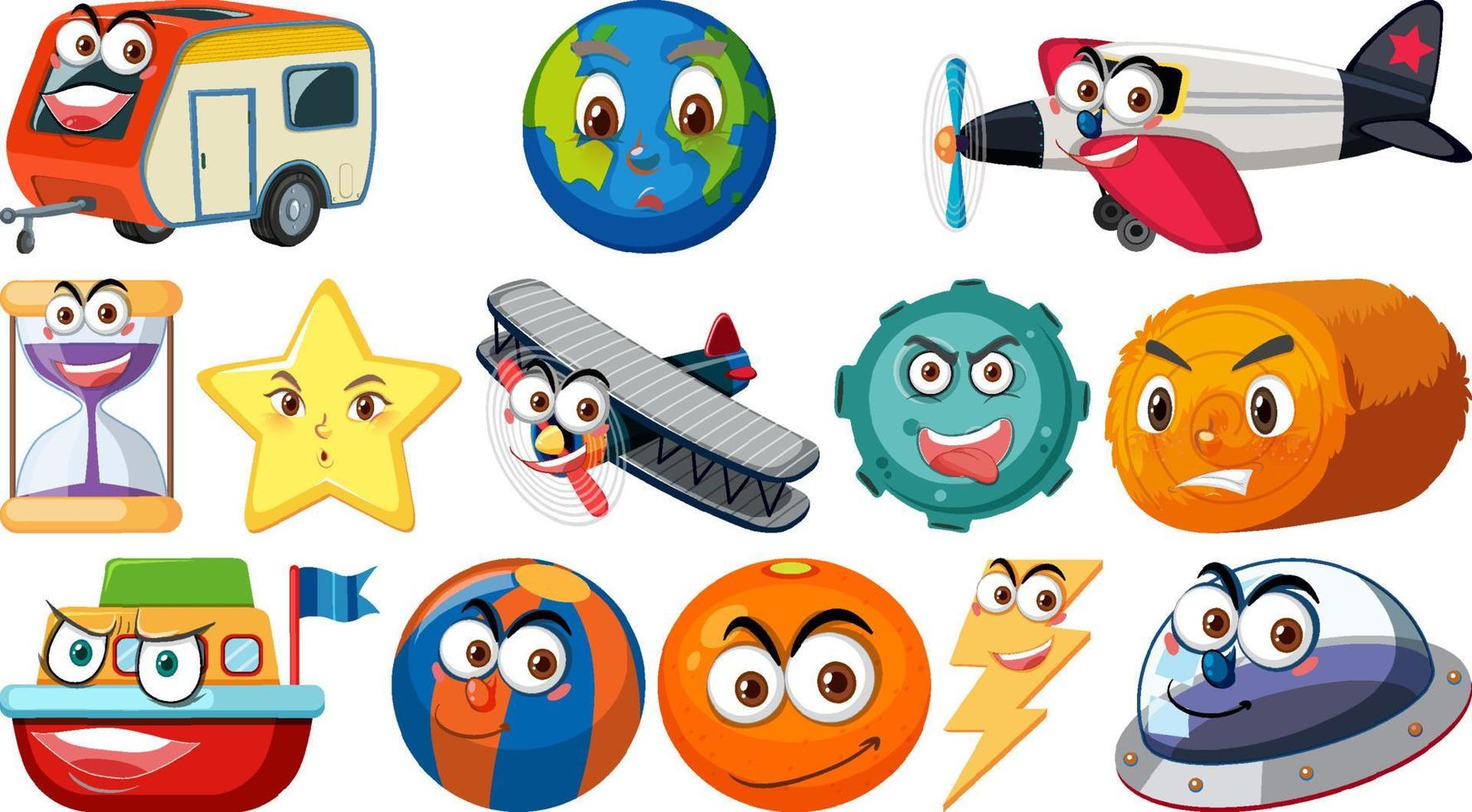 Set of different toy objects with smiley faces vector