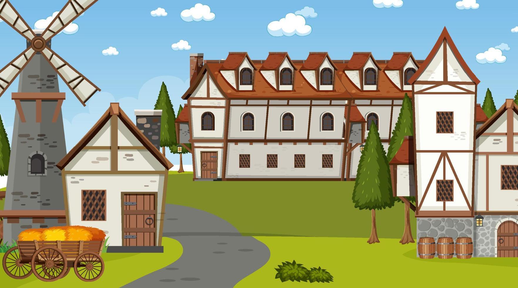 Medieval town scene in cartoon style vector