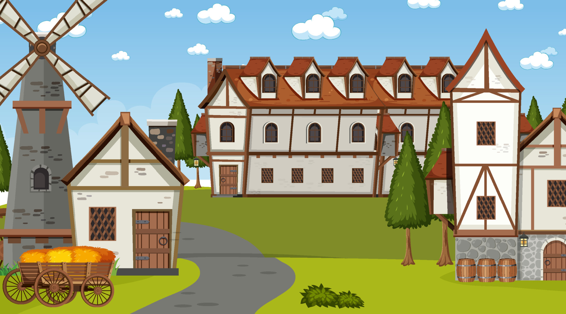 Medieval town scene in cartoon style 6772953 Vector Art at Vecteezy
