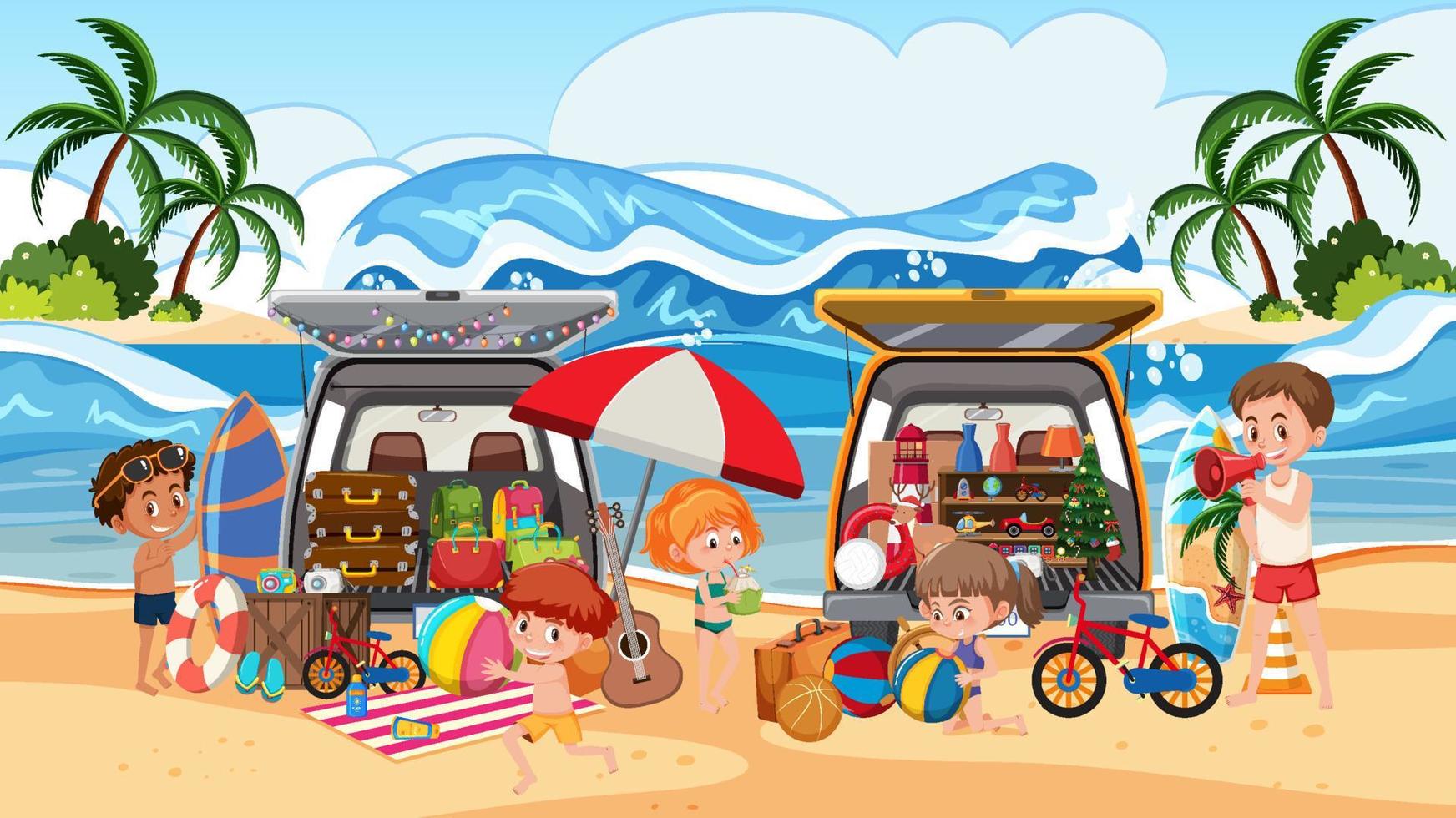 Summer beach outdoor scene with car boot sale vector