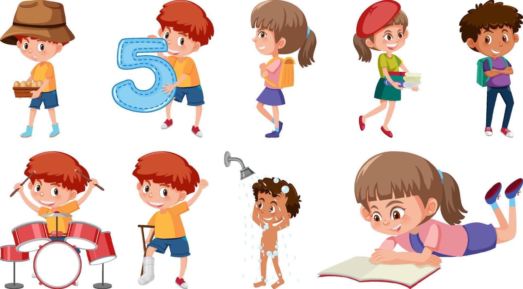 Set of children doing different activities on white background vector