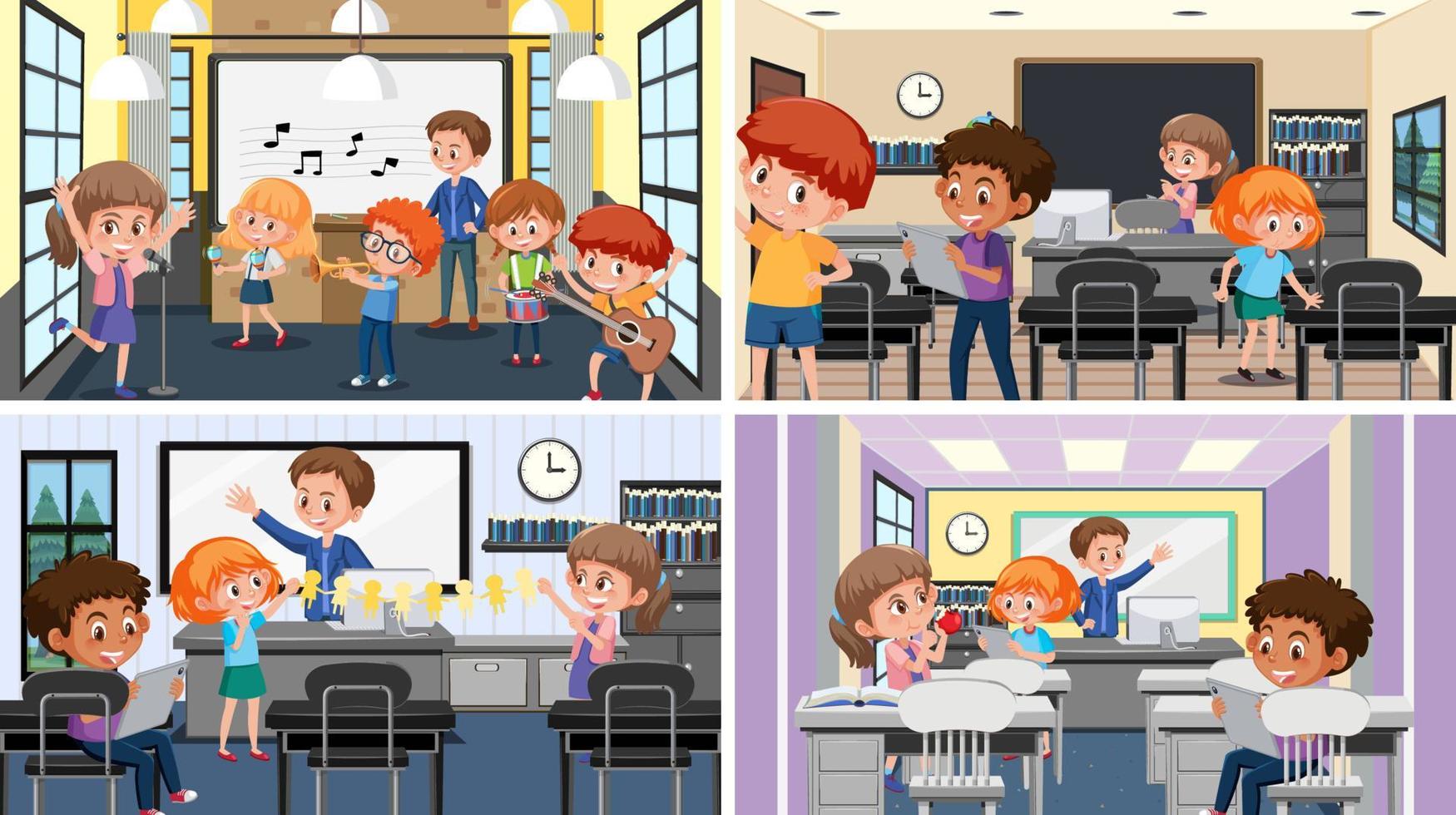 Set of student in the classroom scene vector