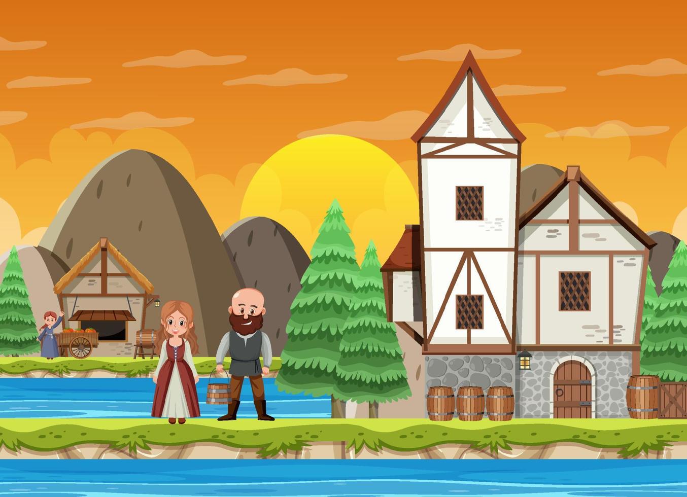 Medieval town scene with villagers vector