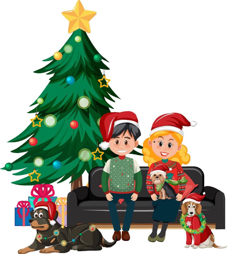 Cute couple and their dogs wearing Christmas outfits vector