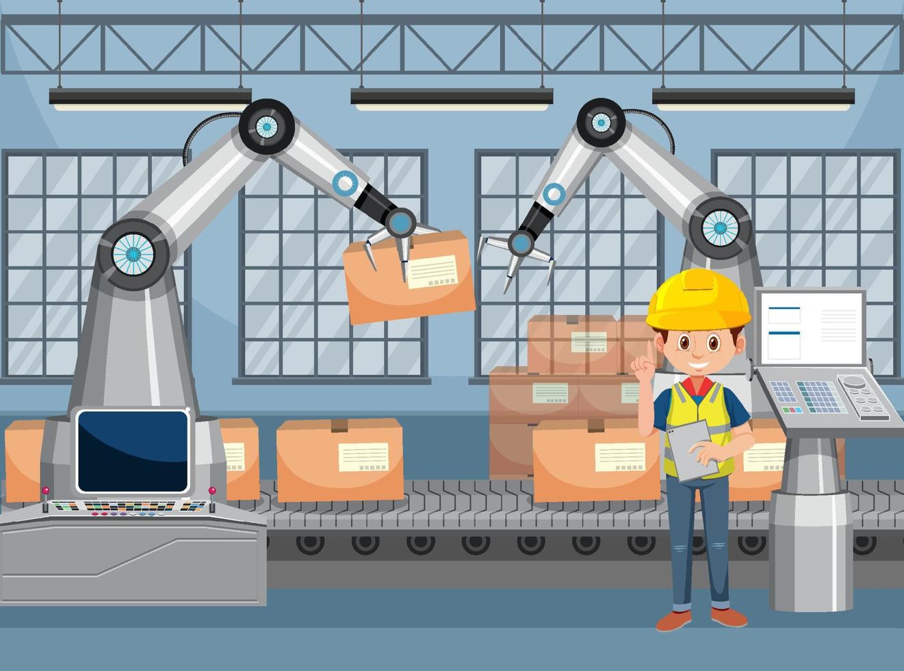 Automation industry concept with assembly line robots vector