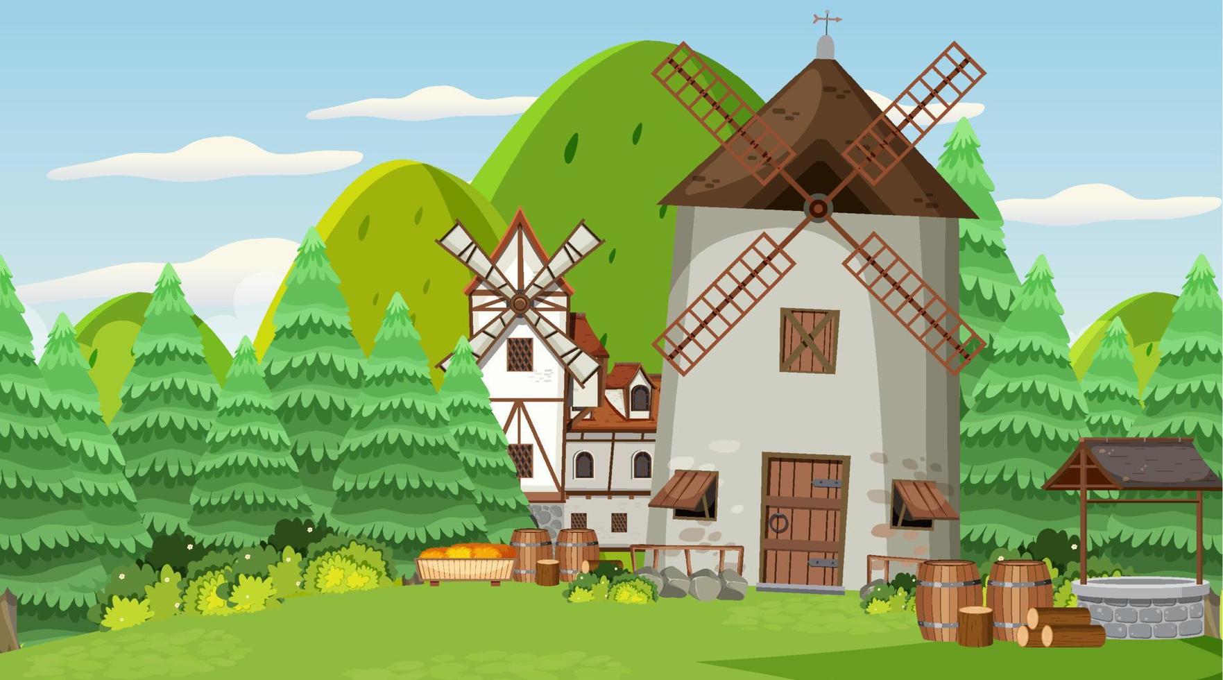 Medieval town scene background vector