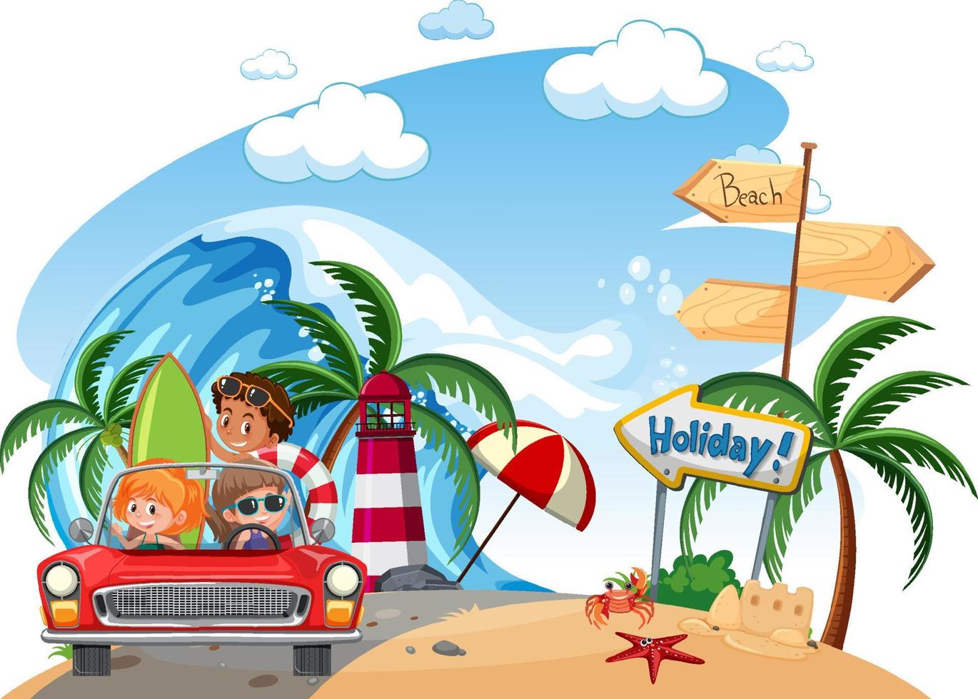 Vacation roadtrip on the beach with many children vector