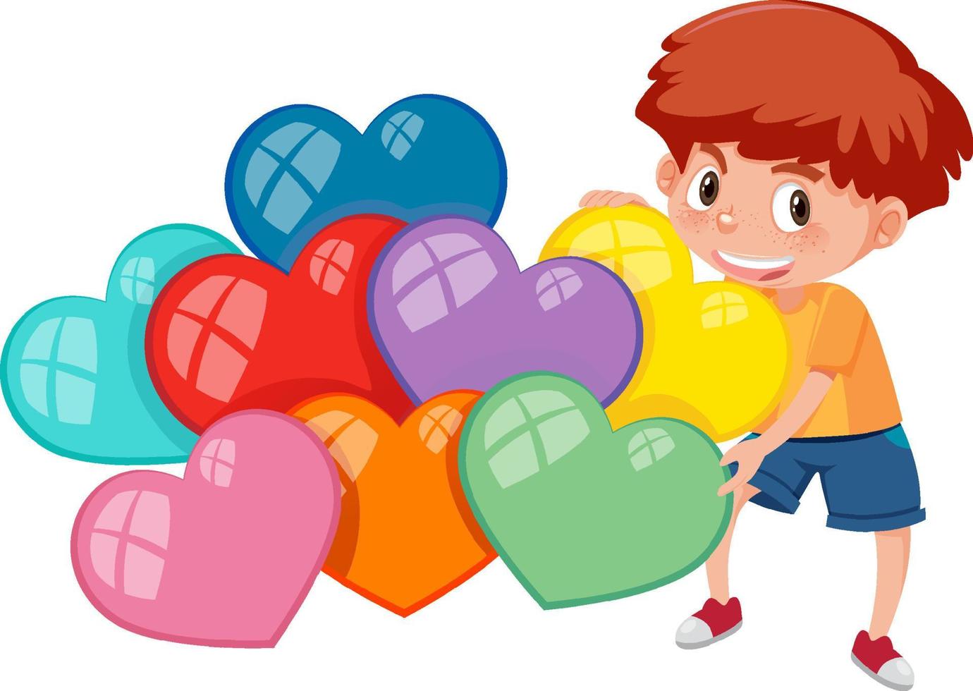 Different colors of hearts with a boy cartoon character vector