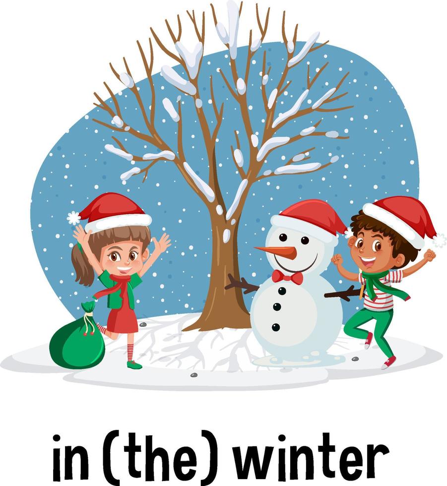 English prepositions of time with winter scene vector