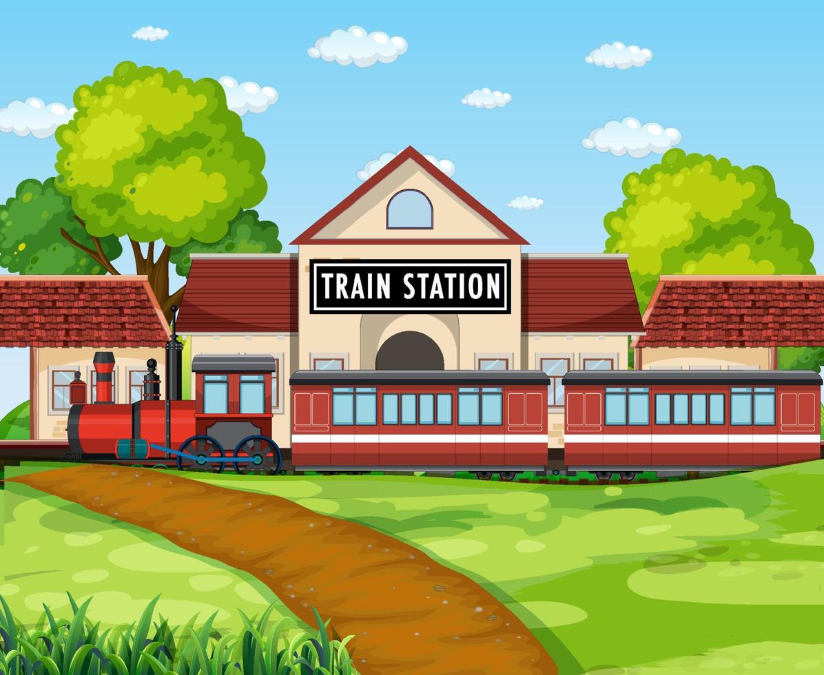 Train station scene with steam locomotive vector