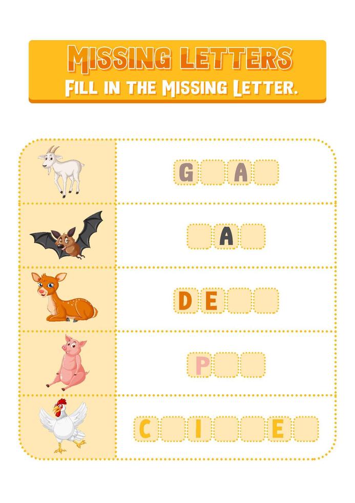 Fill the missing letter of each word worksheet for children vector