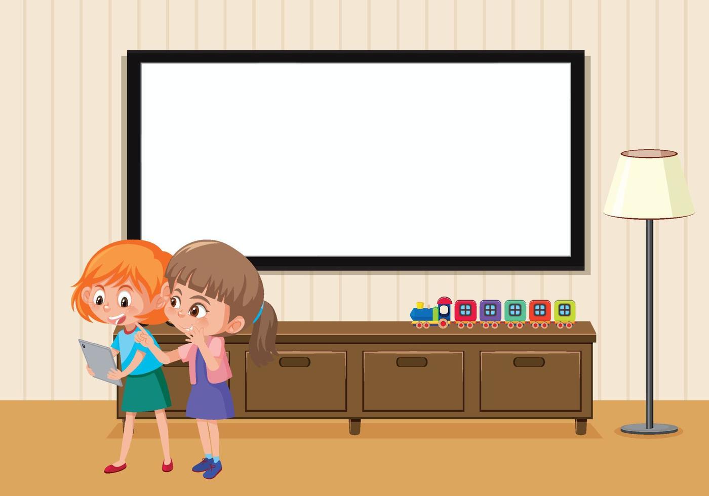 Empty board in the room scene with two girls characters vector