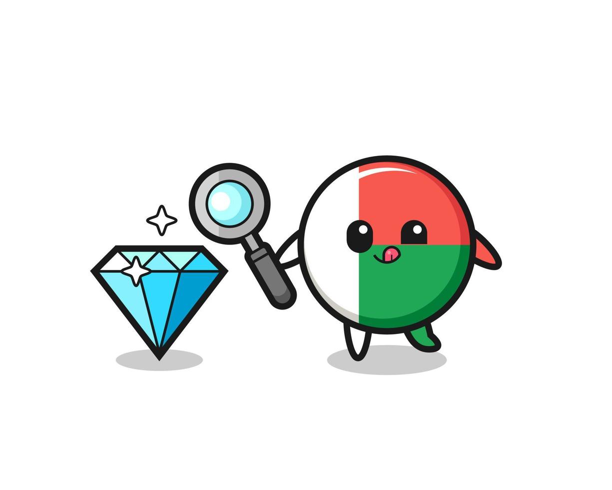 madagascar flag mascot is checking the authenticity of a diamond vector