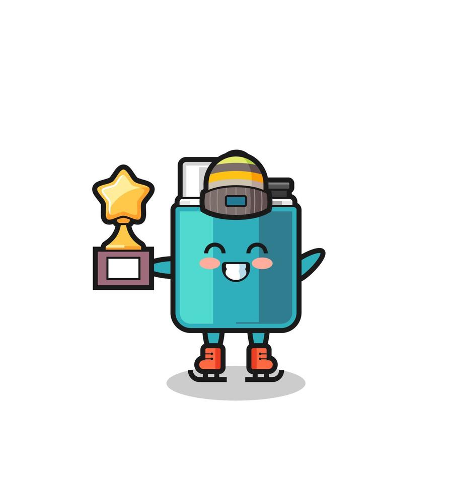 lighter cartoon as an ice skating player hold winner trophy vector