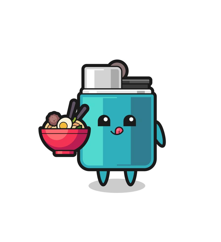 cute lighter character eating noodles vector