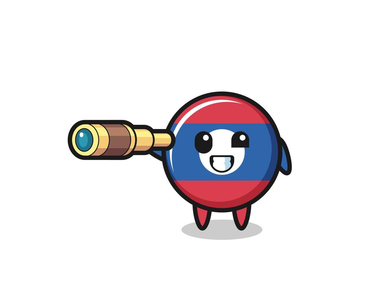 cute laos flag character is holding an old telescope vector