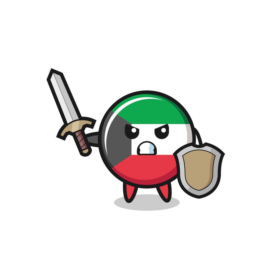 cute kuwait flag soldier fighting with sword and shield vector
