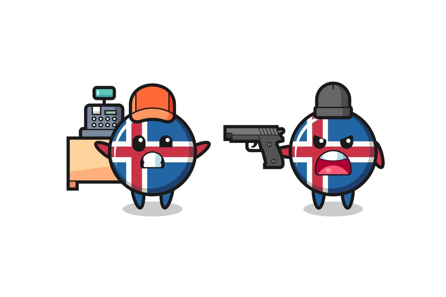illustration of the cute iceland flag as a cashier is pointed a gun by a robber vector
