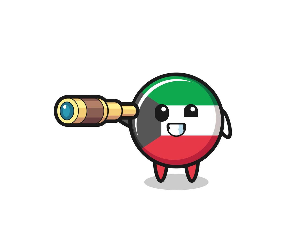 cute kuwait flag character is holding an old telescope vector