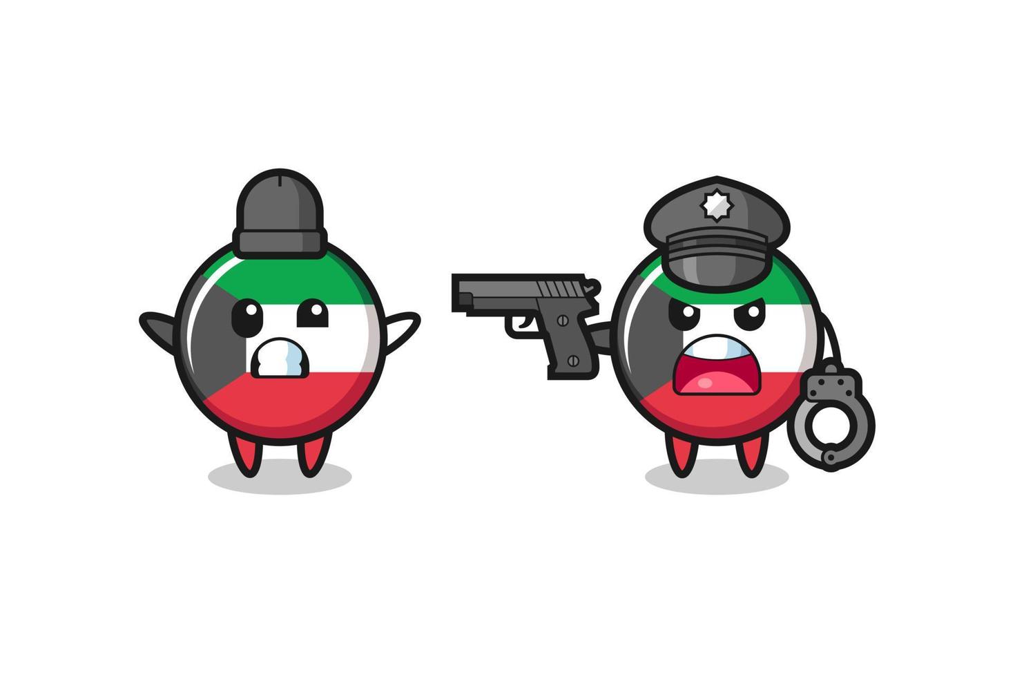 ilustración de ladrón de banderas de kuwait con pose de manos arriba atrapado por la policía vector