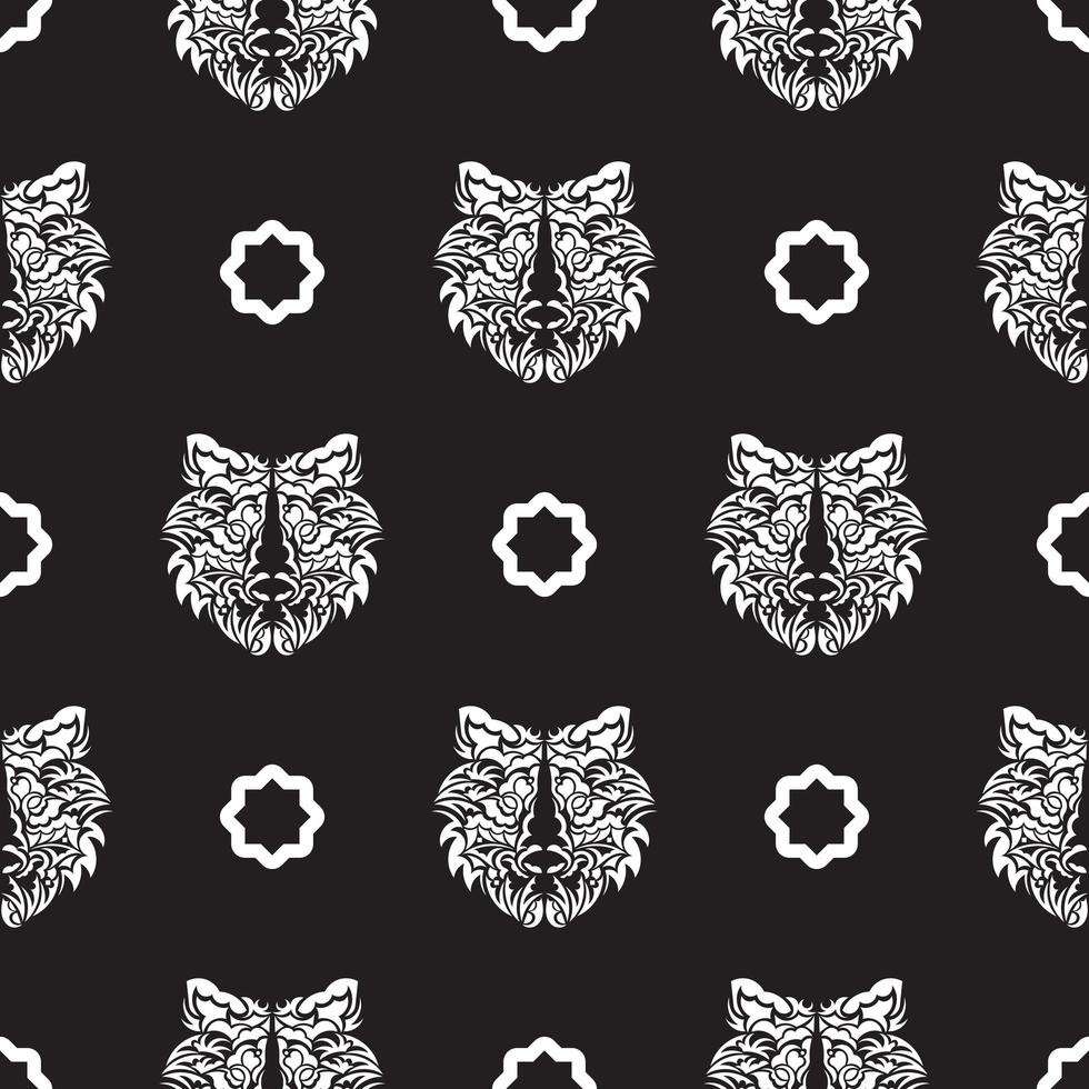 Seamless pattern with white tiger face in boho style. Polynesian style tiger face. Good covers, fabrics, postcards and printing. Vector illustration.