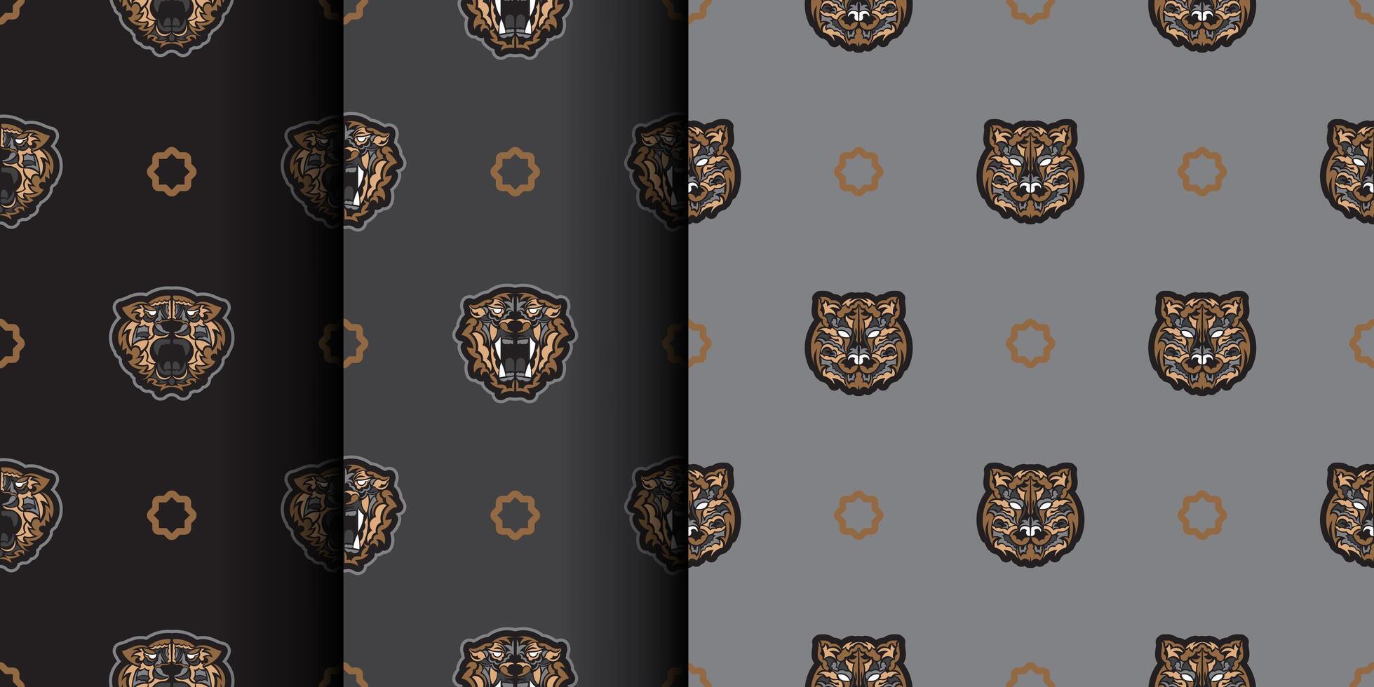 Set of Seamless pattern with tiger face in colored Polynesian style. Good for clothing and textiles. Vector illustration.