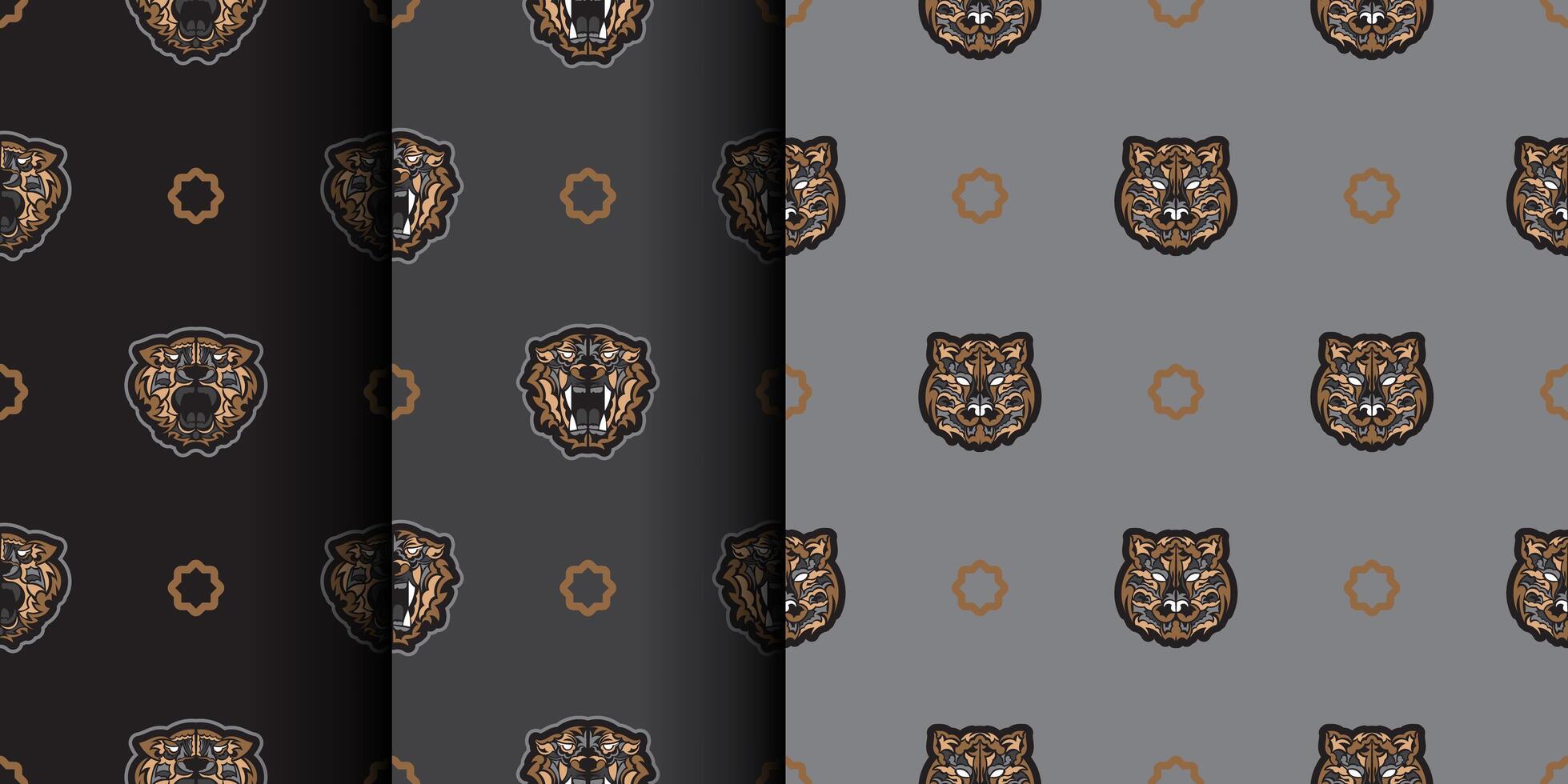 conjunto de patrones sin fisuras con cara de tigre en estilo polinesio coloreado. Bueno para ropa y textiles. ilustración vectorial vector