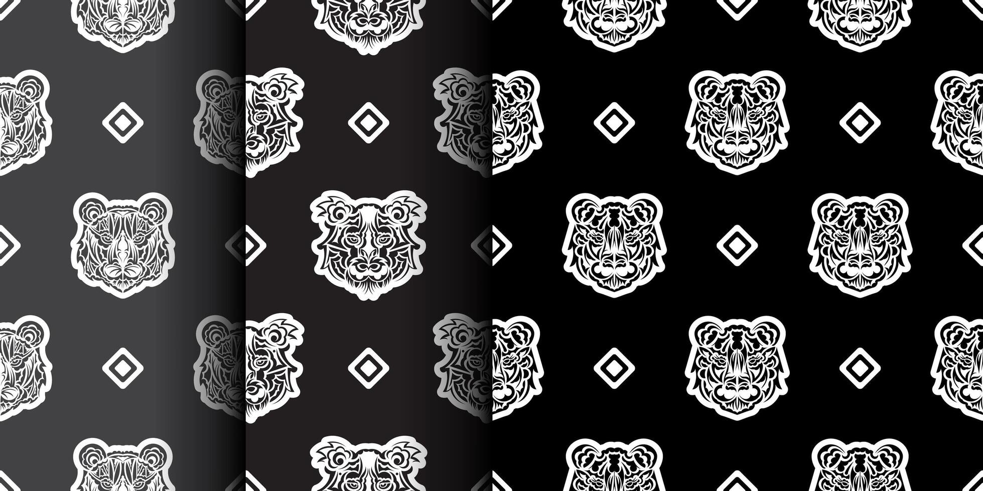 Set of Seamless pattern tiger face in samoa style. Boho tiger face. Good for backgrounds, prints, apparel and textiles. Vector