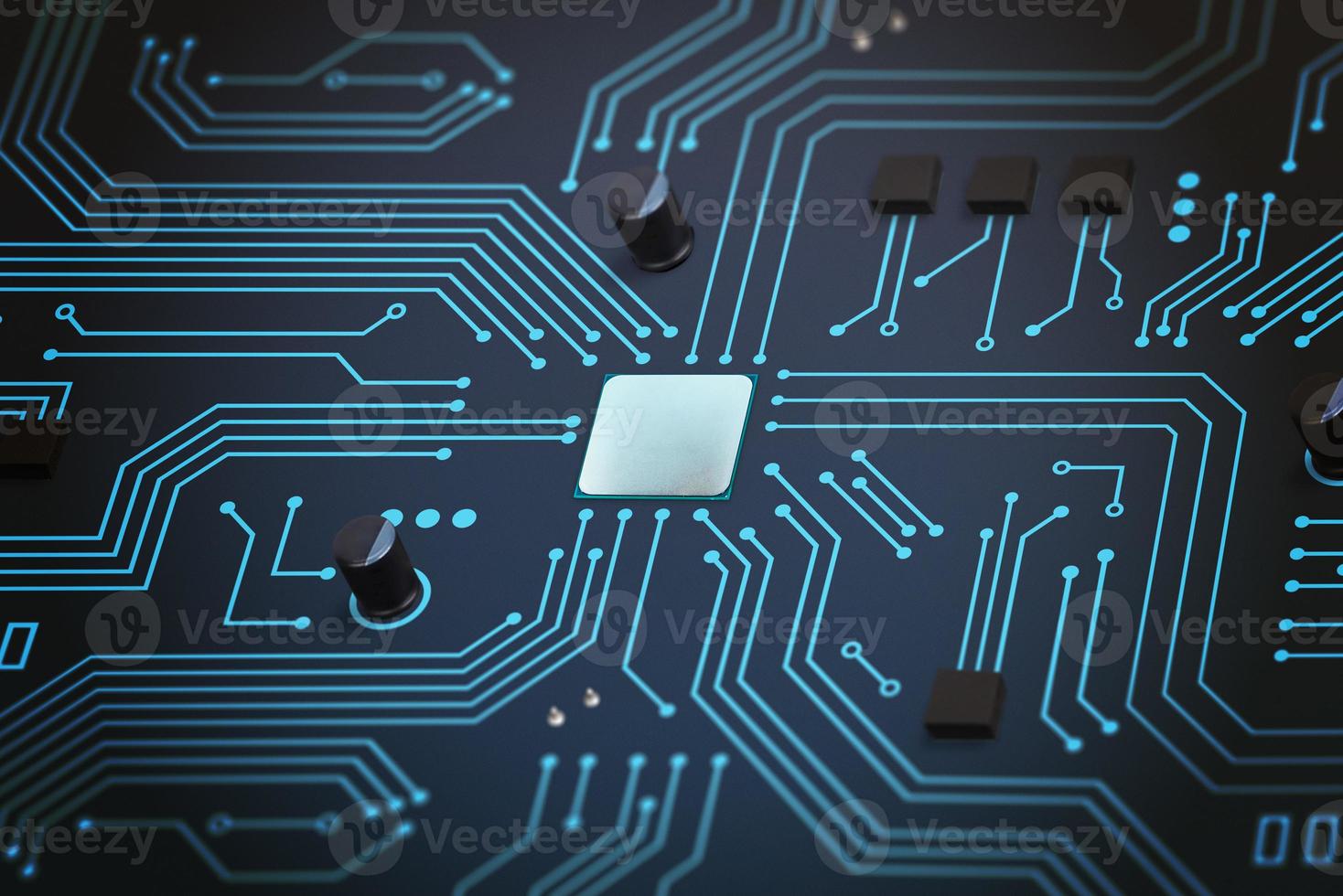 Chip on circuit board surroounded by capacitors and mosfets. Technology digital concept photo