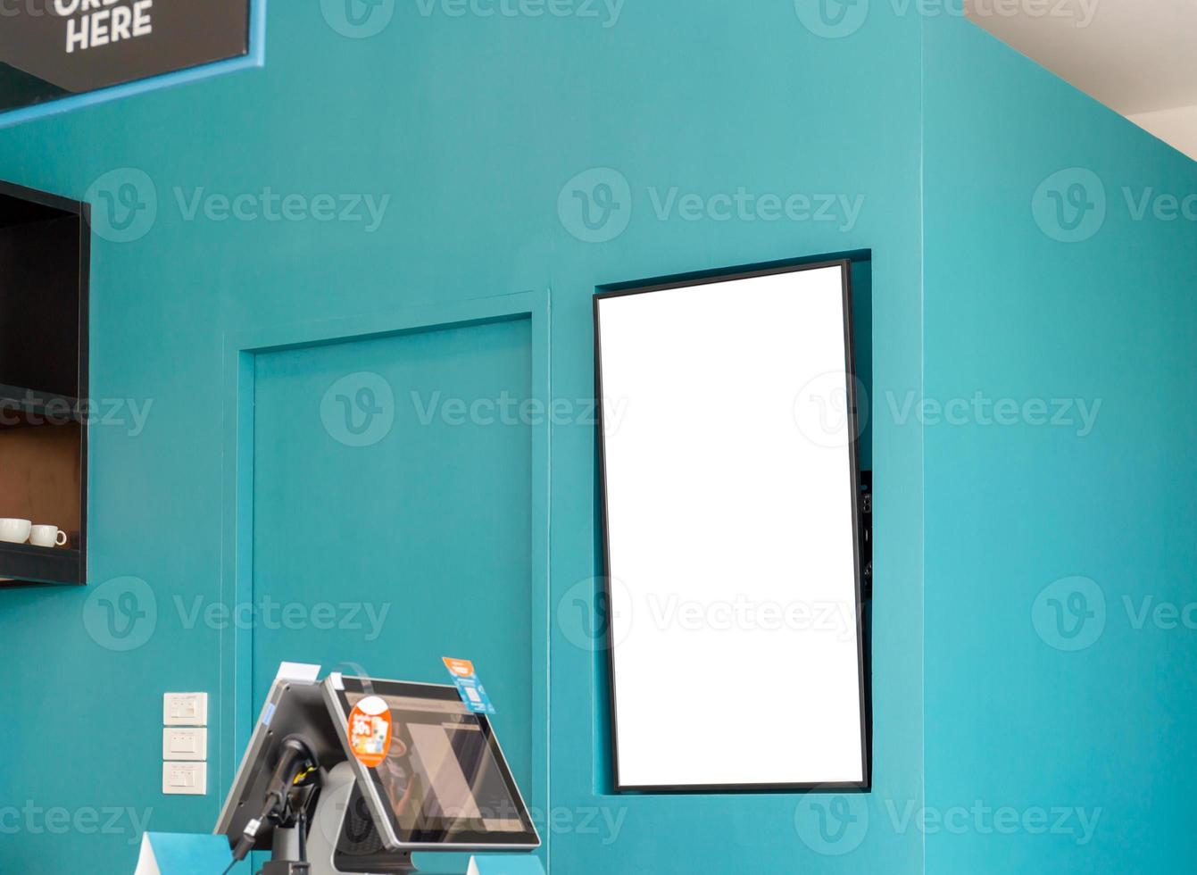 Mockup image of Blank billboard white screen posters inside coffee shop for advertising photo