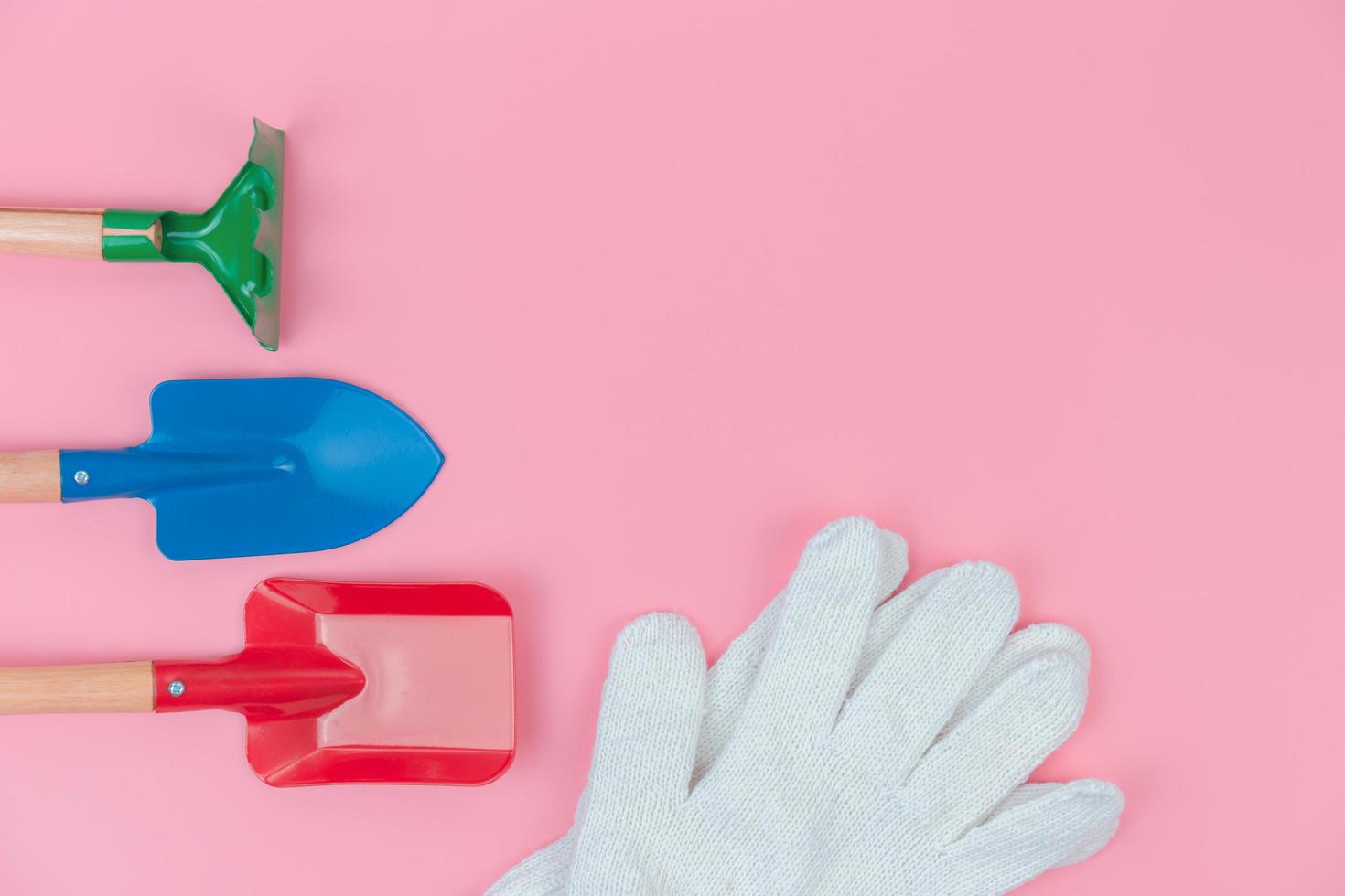 Top view with copy space of Gardener tools overhead on pink pastel background, Flat lay concept photo