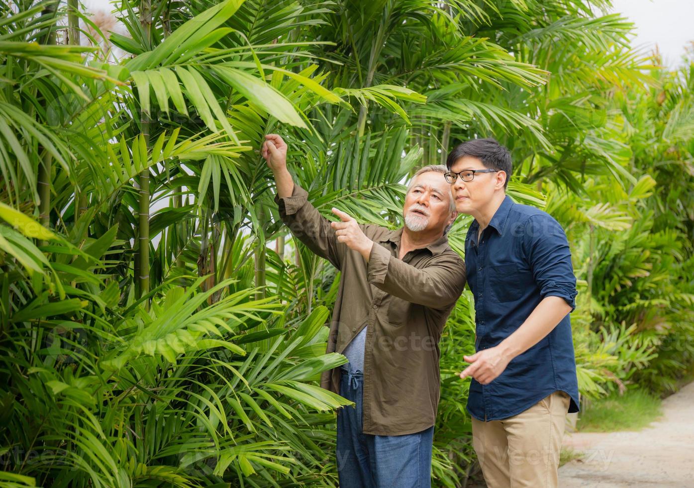 el padre asiático mayor y el hijo de mediana edad caminan en el parque, el concepto de familia de felicidad en asia foto