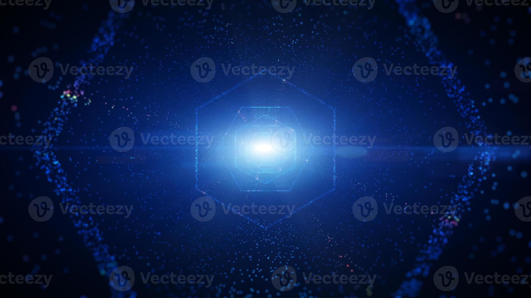 Hexagon digital tunnel of cyberspace with particles and lighting, Technology network connections abstract background concept. photo