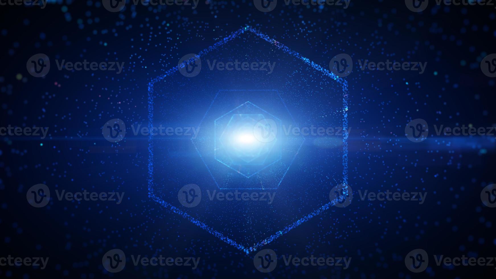 Hexagon digital tunnel of cyberspace with particles and lighting, Technology network connections abstract background concept. photo