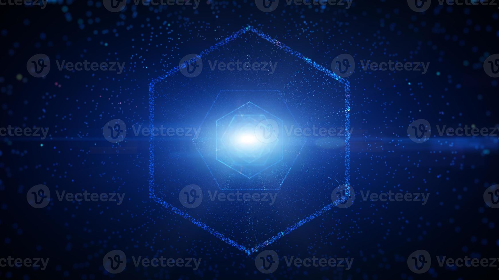 Hexagon digital tunnel of cyberspace with particles and lighting, Technology network connections abstract background concept. photo