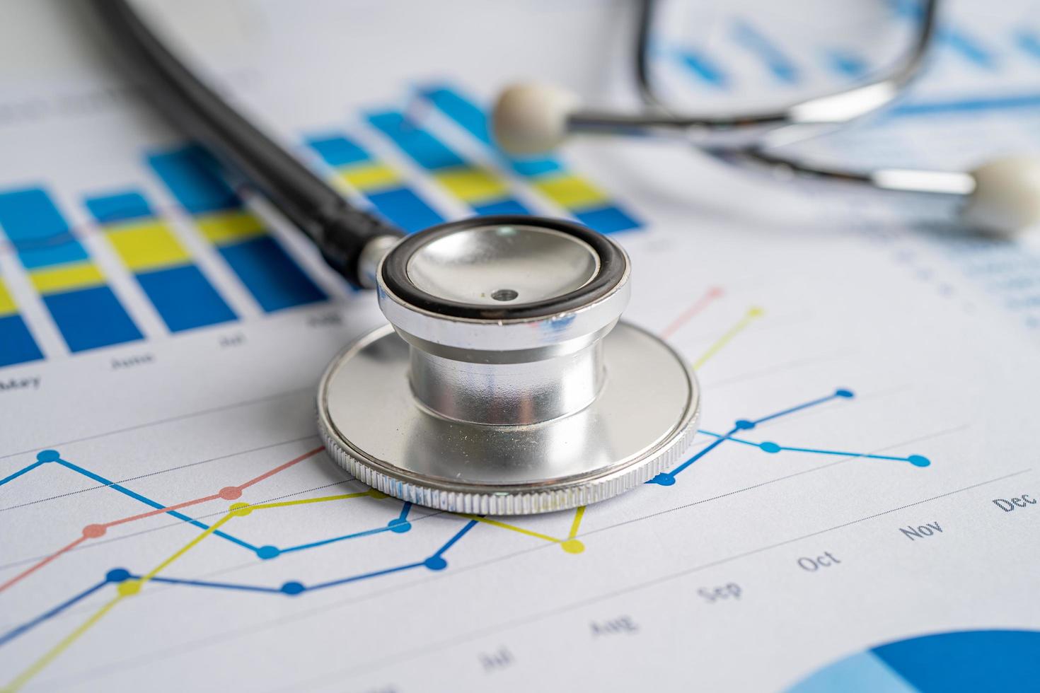 Stethoscope on charts and graphs paper, Finance, Account, Statistics, Investment, Analytic research data economy and Business company concept. photo