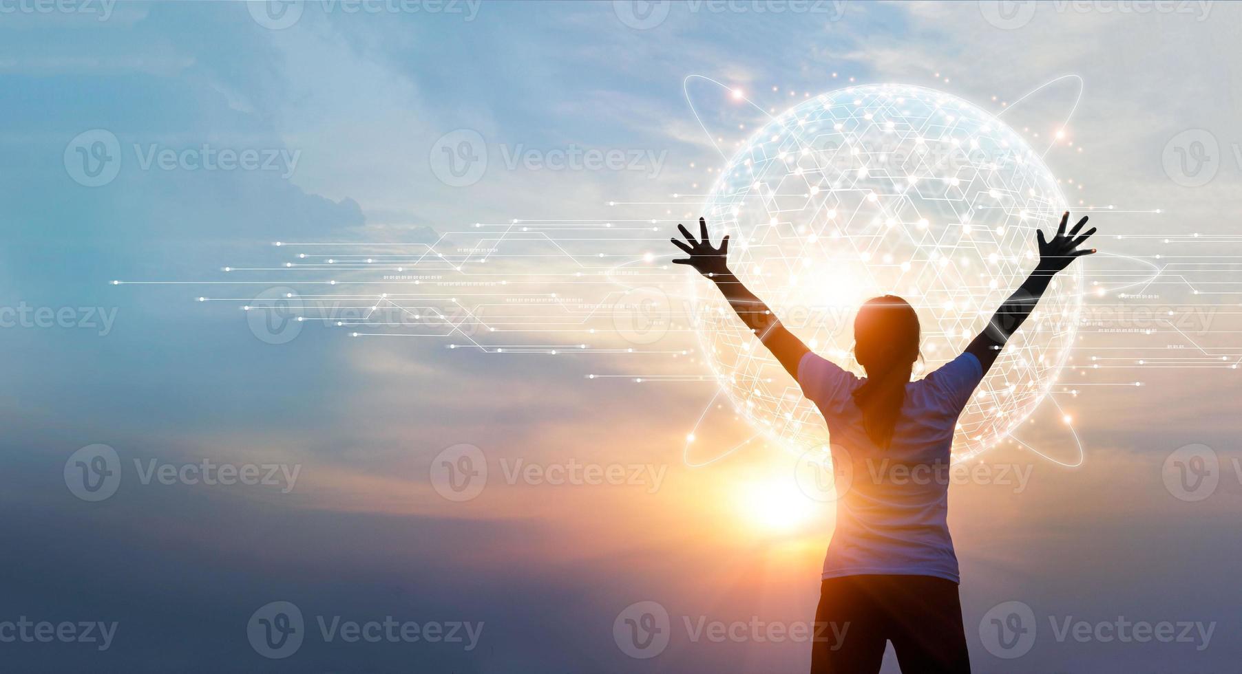 Woman touching big global digital network connection on social network. Telecommunication. Concept of 5G wireless digital connection and future technology of communication. Science. 3D rendering. photo