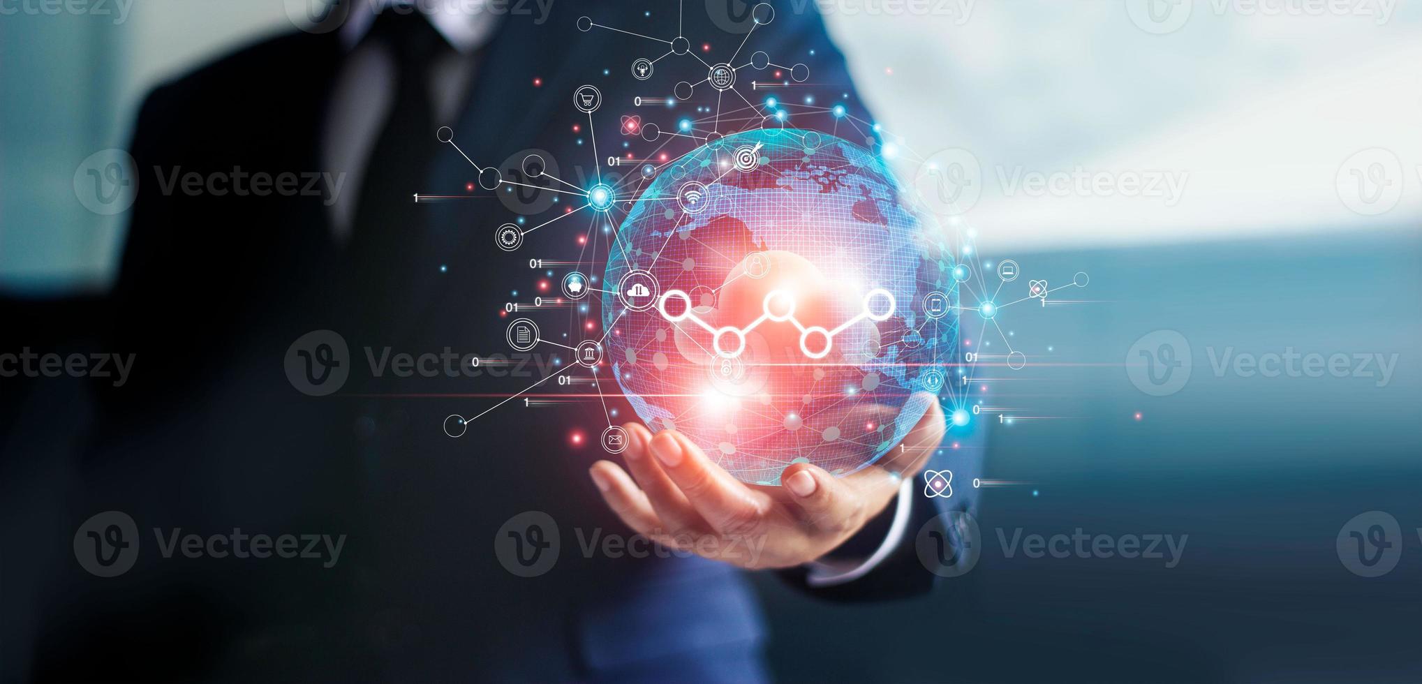 Businessman holding circle global network connection and data exchanges worldwide, Social Media, Digital marketing, Banking and financial, Technology and Business networking communication. photo