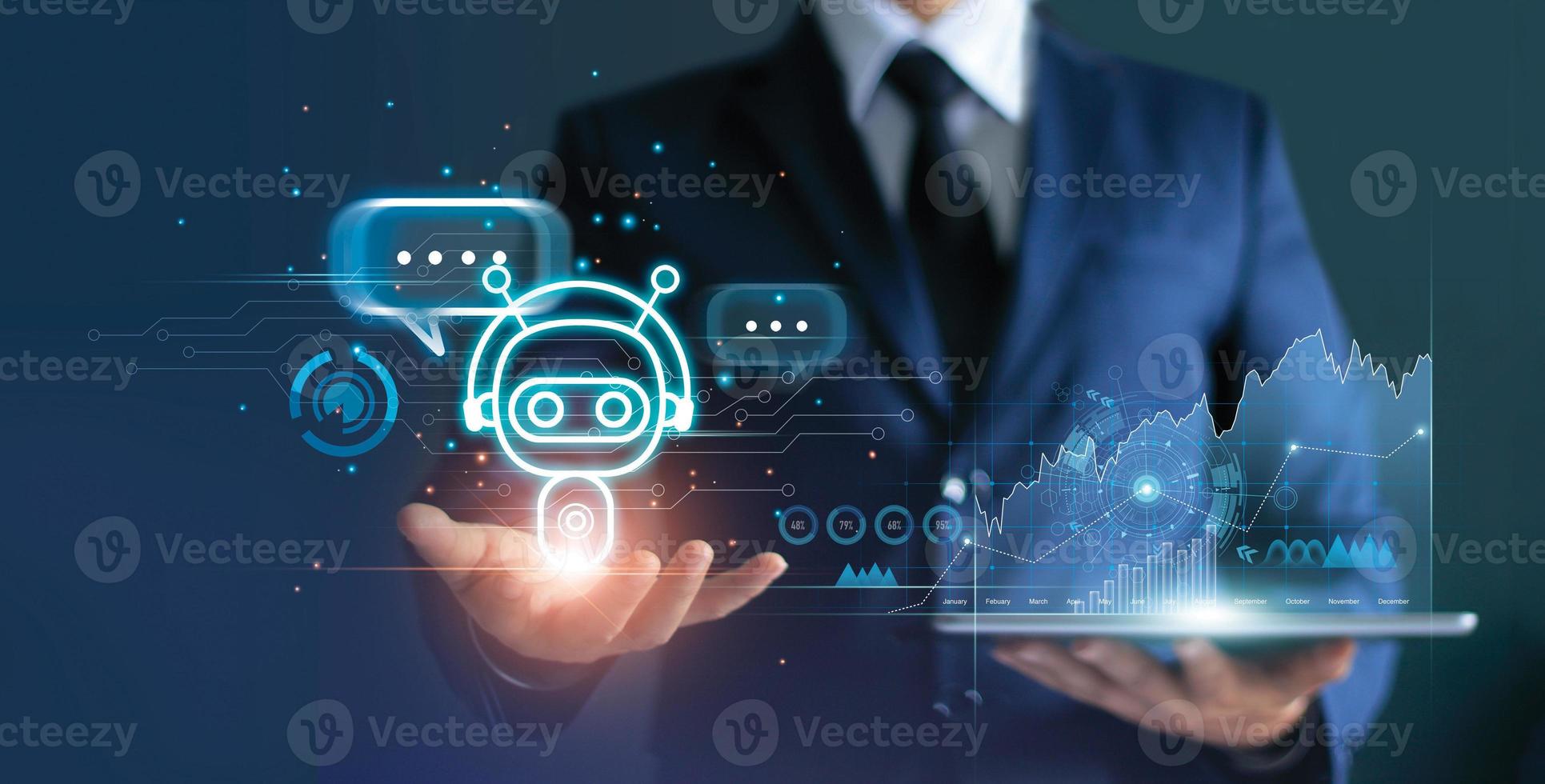 el empresario que tiene chatbot digital es asistente de conversación para proporcionar acceso al crecimiento de datos de negocios en la red en línea, aplicación de robot y conexión global, ai, inteligencia artificial. foto