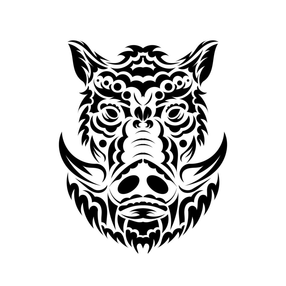Black and white head of a fierce wild boar logo with long curving tusks staring directly at the viewer vector