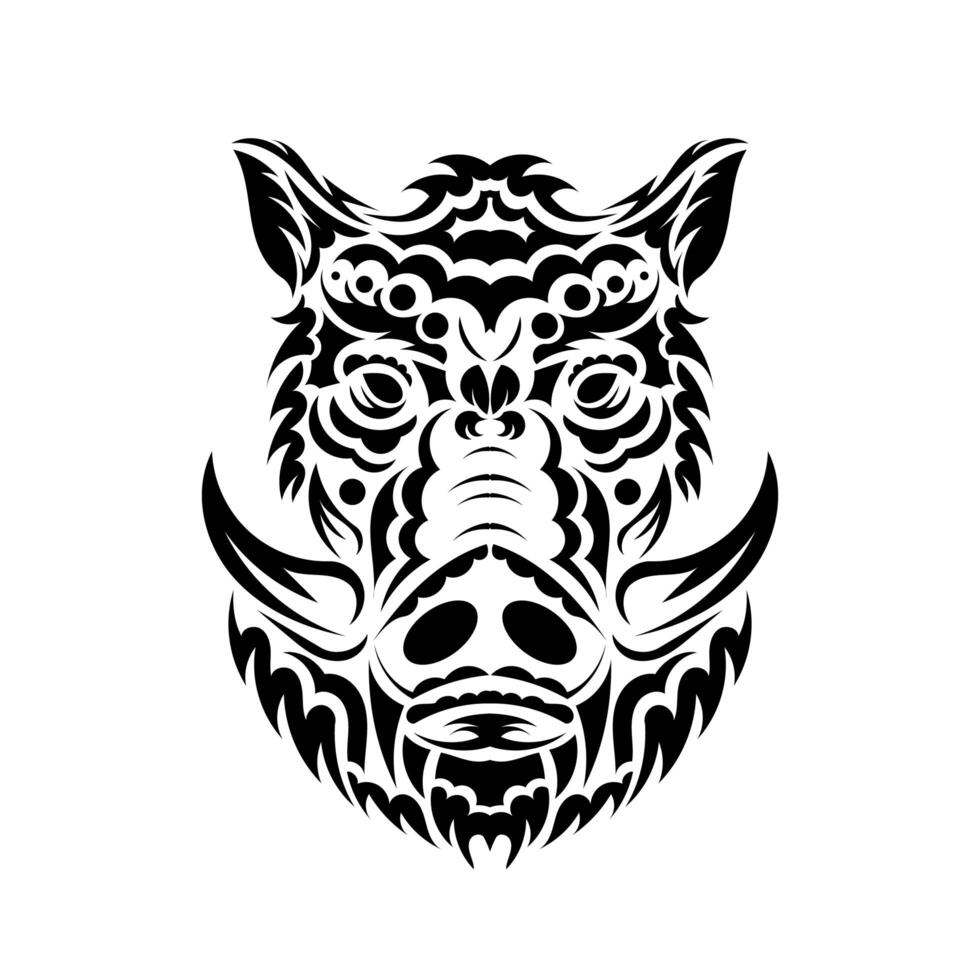 Black and white head of a fierce wild boar logo with long curving tusks staring directly at the viewer vector