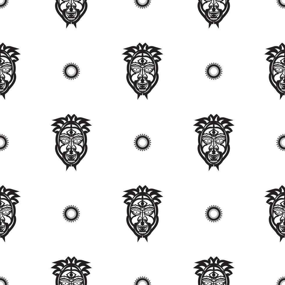 Seamless pattern with tiki face, mask or totem. Samoan style patterns. Good for prints, textiles and backgrounds. Isolated. Vector illustration.