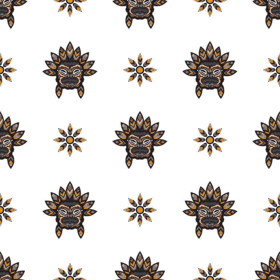 Seamless pattern with Indian faces. A head with feathers in the Polynesian style. Good for prints. Exclusive corporate identity. Isolated, illustration. vector