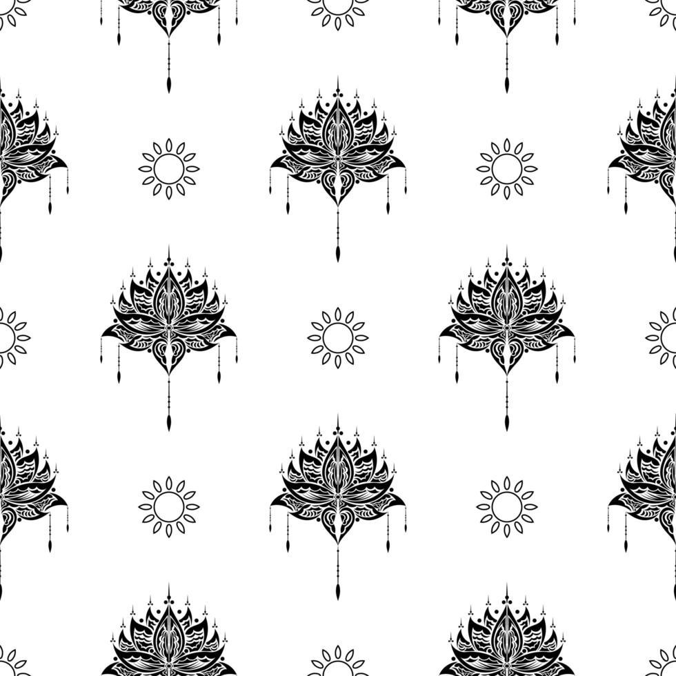 Lotus seamless pattern. Black and white. Good for covers, fabrics, postcards and printing. Vector illustration.