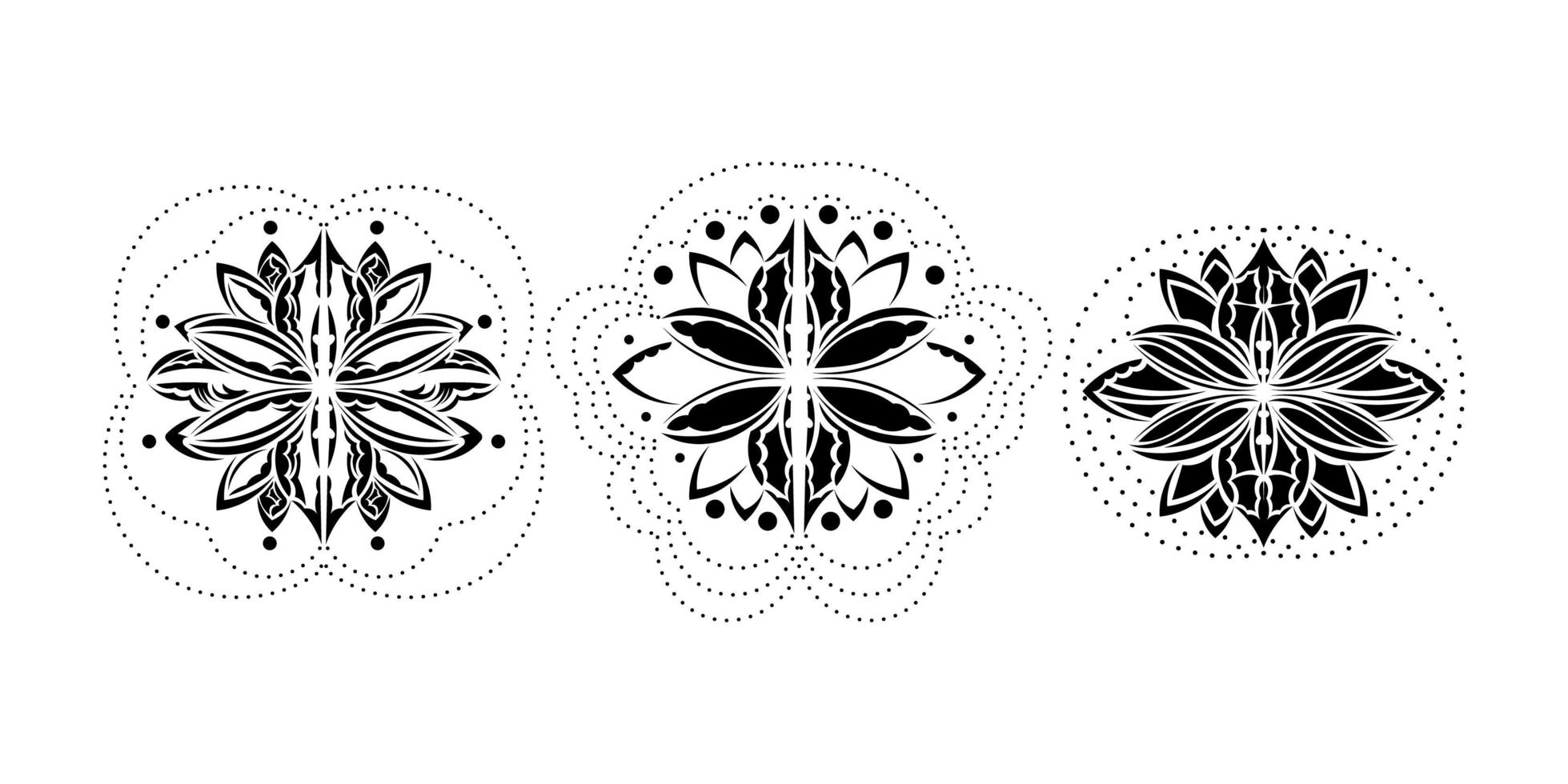 conjunto de adornos de loto, tatuaje étnico. loto indio estampado. impresión en blanco y negro. aislado. vector