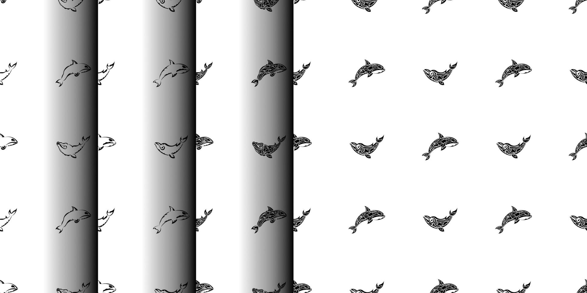 Set of Seamless Black and White Pattern with Whales in Simple Style. Good for backgrounds and prints. illustration. vector
