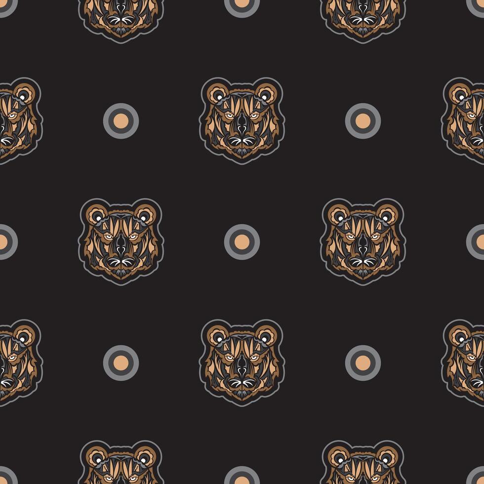 Tiger face seamless pattern in samoan style. Boho tiger face. Good for backgrounds and prints. Vector
